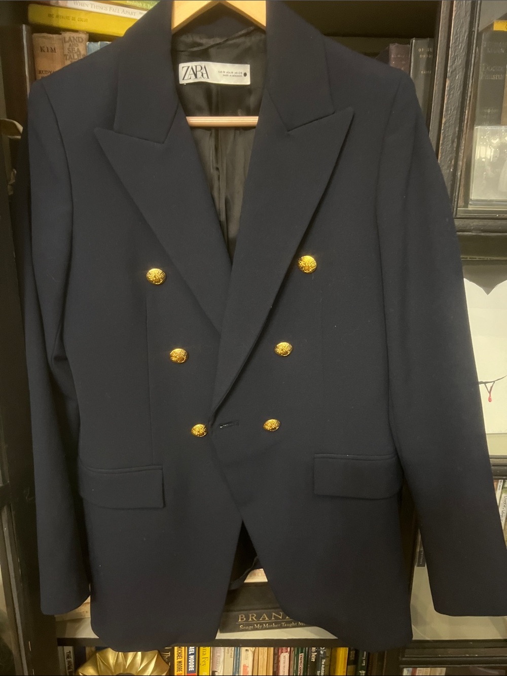 Zara Double-Breasted Dark Navy Blue Blazer with Gold Buttons